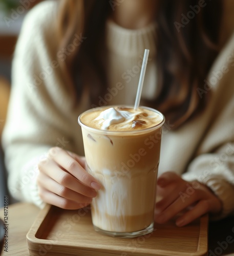 Enjoying a refreshing iced coffee in a cozy cafe during the afternoon