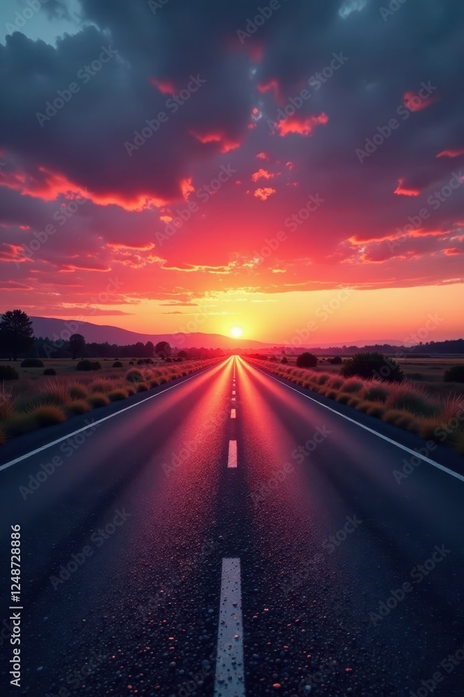 Dark grey asphalt contrasts vibrant sunset sky, vibrant, picture, light Dark grey asphalt contrasts vibrant sunset sky, vibrant, picture, light