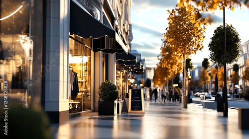 Shopping district sidewalk, luxury boutiques, stylish pedestrians, 3D illustration