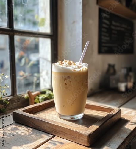 Refreshing iced coffee served in a cozy cafe with natural light streaming thr...