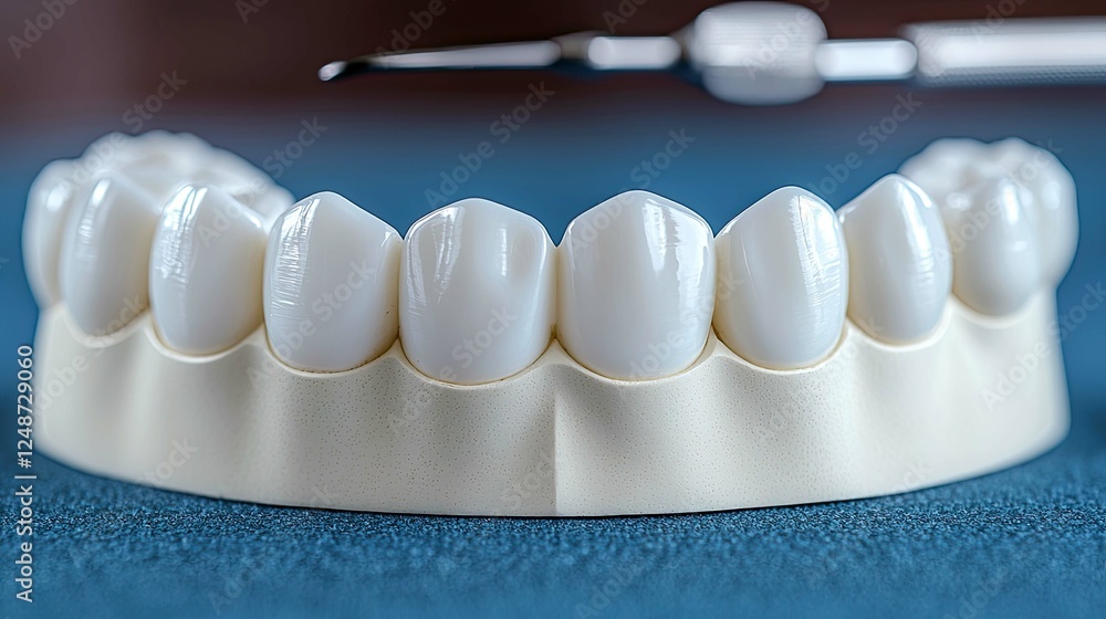 Close-up view of a dental model showcasing a set of bright, healthy-looking teeth. Perfect for dental professionals, educational materials, and health websites. Close-up view of a dental model showcasing a set of bright, healthy-looking teeth. Perfect for dental professionals, educational materials, and health websites.