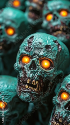 Eerie collection of glowing green skulls with orange eyes in a Halloween display