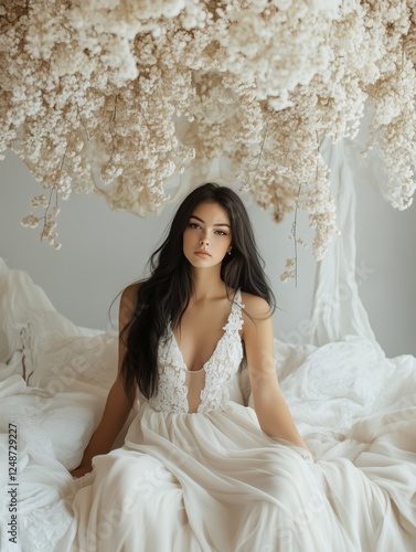Model in white gown surrounded by dried flowers in a serene setting