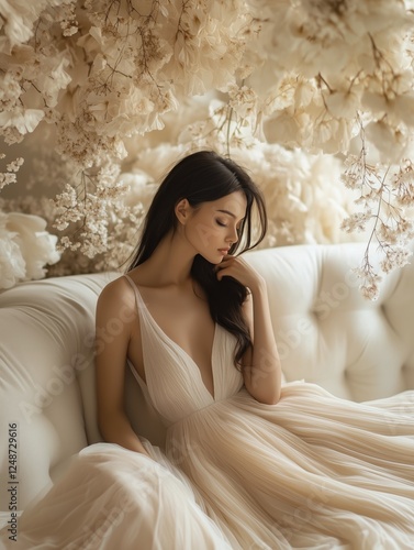 Elegant woman in a soft gown poses in a floral-filled room with warm lighting