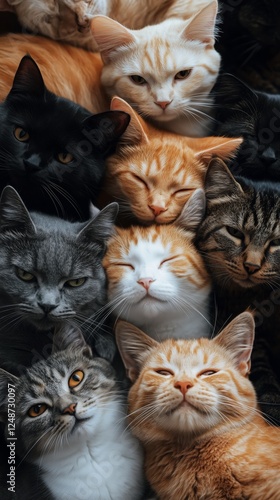 Cats of various breeds and colors cozying up in a pile during a relaxed after...