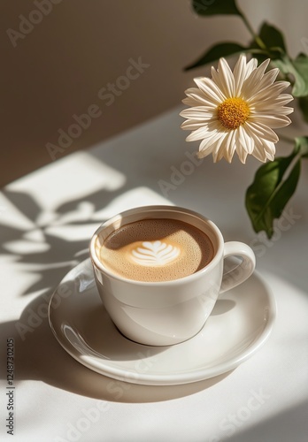 Warm coffee with latte art beside a flower in a serene setting