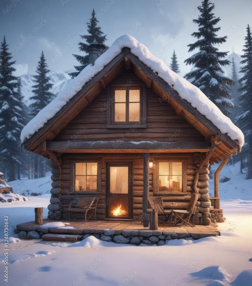Small wooden cabin with a fireplace and snow-covered roof, tiny house, rural scenery Small wooden cabin with a fireplace and snow-covered roof, tiny house, rural scenery