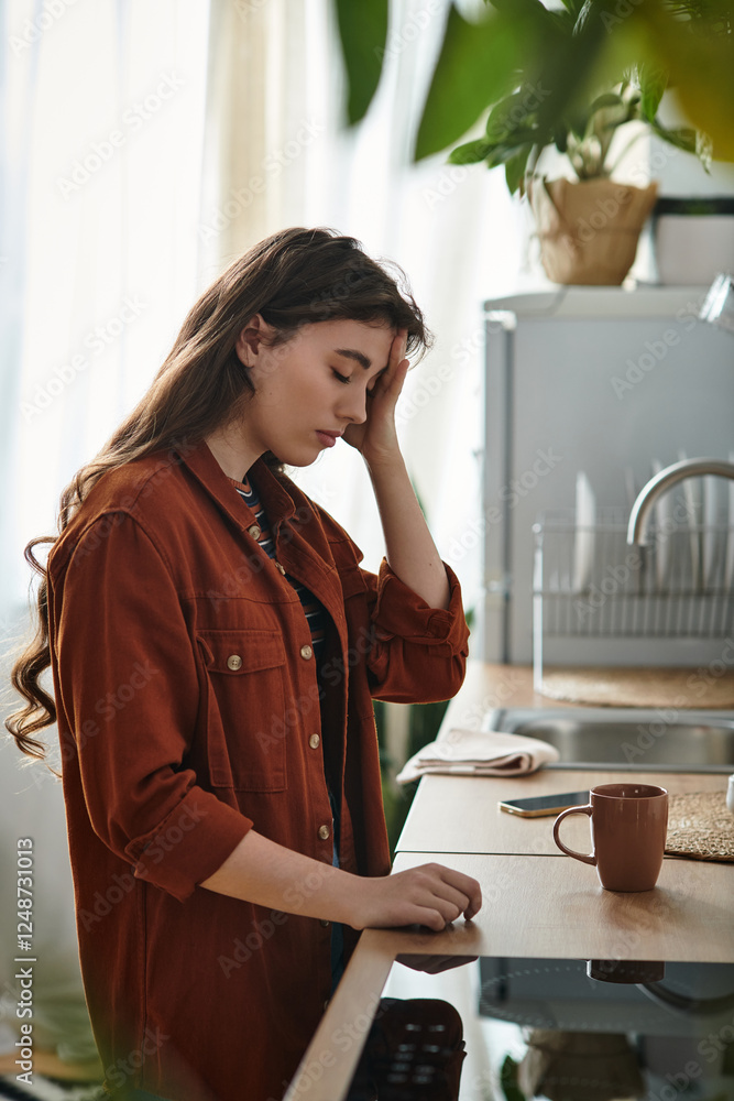 Struggling with emotions in a quiet kitchen during a reflective moment Struggling with emotions in a quiet kitchen during a reflective moment