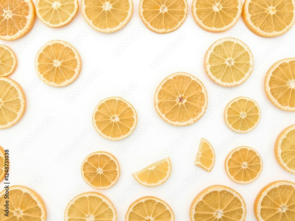 Obraz premium Sliced mandarin segments arranged neatly on a white background with copy space, vitamin C, citrus