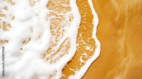 Topdown view of foamy ocean waves meeting golden sand, rhythmic nature patterns, high contrast and dynamic movement, abstract beach textures