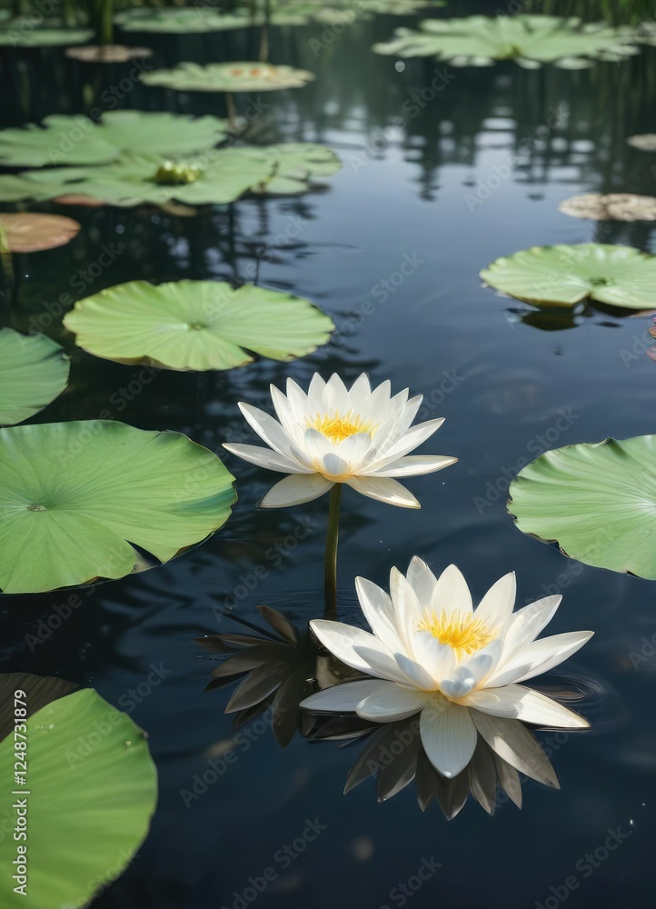 Serene white lotus blossom in clear pond water, peaceful scene, tranquility Serene white lotus blossom in clear pond water, peaceful scene, tranquility