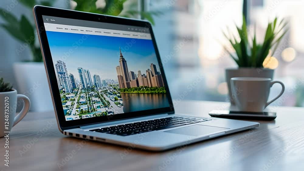 Sleek laptop showcasing a real estate website on a contemporary desk setup. Sleek laptop showcasing a real estate website on a contemporary desk setup.