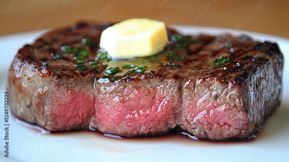 A steak cooked to a perfect medium, plated with a dollop of herbed butter melting over the top. A steak cooked to a perfect medium, plated with a dollop of herbed butter melting over the top.