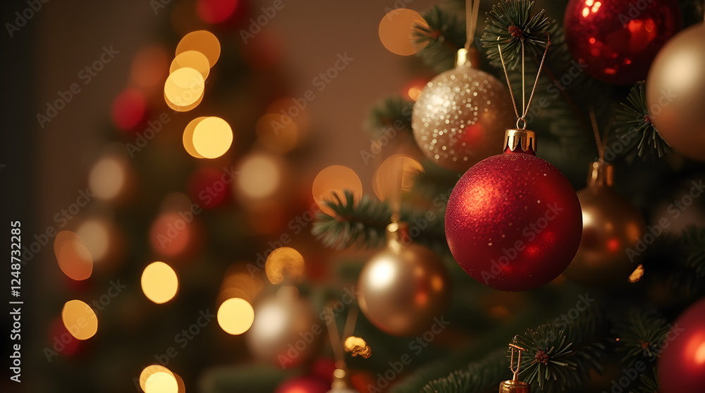 Festive Christmas Tree Ornaments: Red, Gold, & Silver Baubles with Bokeh Lights for Holiday Decor & Celebrations Festive Christmas Tree Ornaments: Red, Gold, & Silver Baubles with Bokeh Lights for Holiday Decor & Celebrations