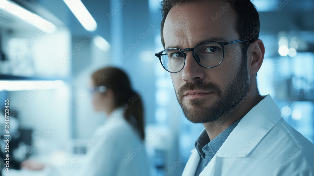 An attractive and confident male scientist focuses on his research while working in a modern laboratory alongside colleagues An attractive and confident male scientist focuses on his research while working in a modern laboratory alongside colleagues