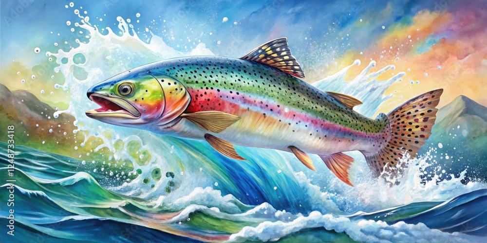 Fototapeta premium Vibrant rainbow trout leaps, painted in high-resolution aerial watercolor, colorful splashes adorn.