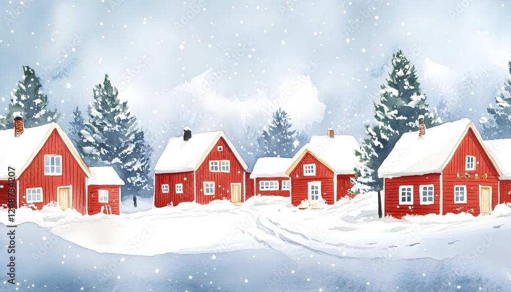 Fototapeta premium Watercolor painting shows red houses amidst a snowy winter landscape