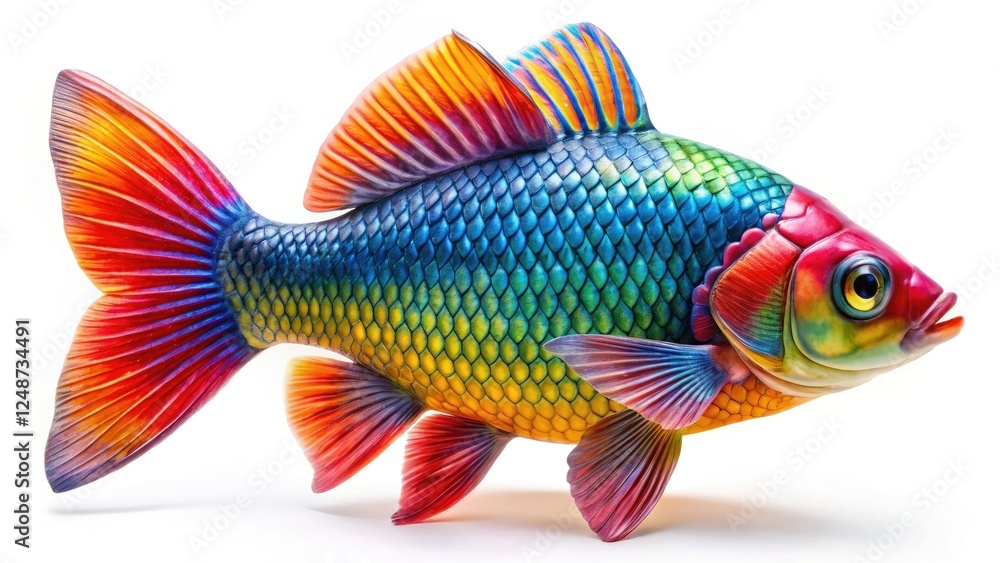 Fototapeta premium Vivid, patterned tropical fish, uniquely shaped, isolated on white; a vibrant underwater portrait.