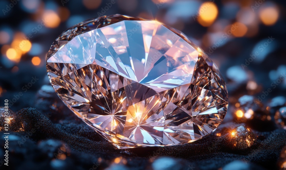 Sparkling diamond rests on dark fabric with glowing reflections in background Sparkling diamond rests on dark fabric with glowing reflections in background