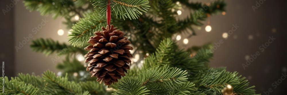 Pine cone on Christmas tree with subtle shadow effect , rustic charm, cozy ambiance Pine cone on Christmas tree with subtle shadow effect , rustic charm, cozy ambiance