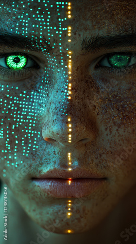 Cyber-enhanced teenager with a pixelated VR avatar and neon holographic reflections in a futuristic digital environment at twilight