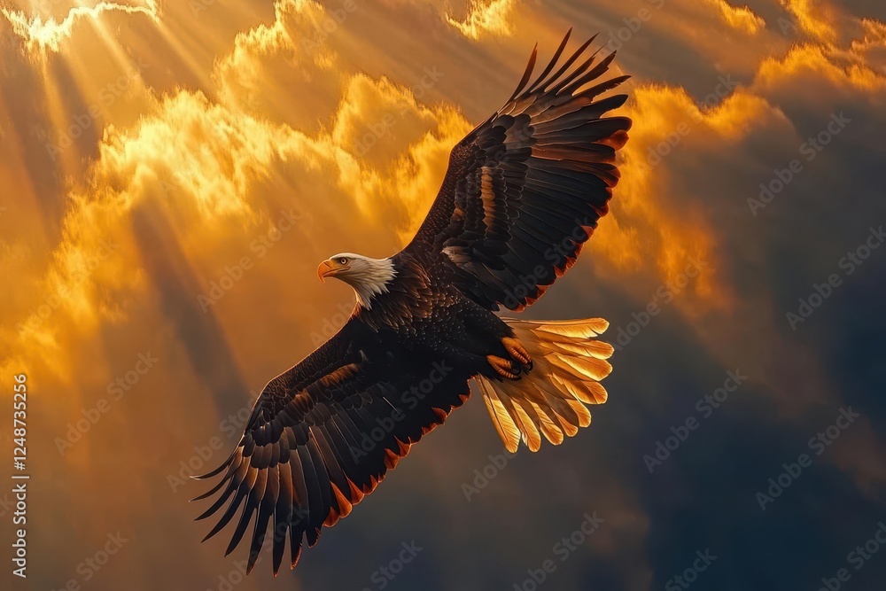 Obraz premium majestic bald eagle soaring against backdrop of american flag, dramatic sunset lighting, patriotic composition with rays of light breaking through clouds