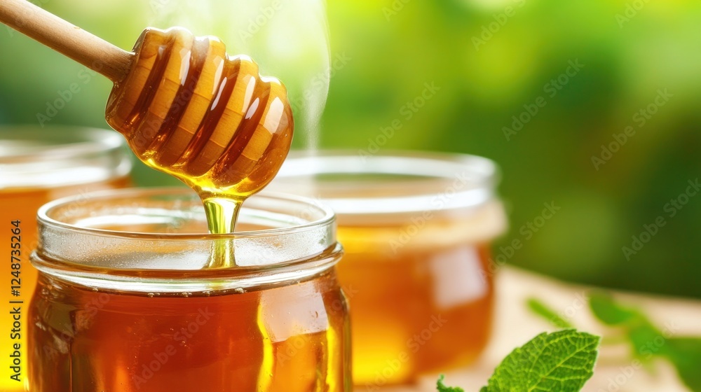 Honey dripping from dipper into jar, mint leaves, sunny outdoors Honey dripping from dipper into jar, mint leaves, sunny outdoors