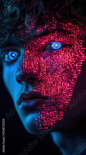 Cyber-enhanced teenager with virtual reality avatar and holographic lights in futuristic setting