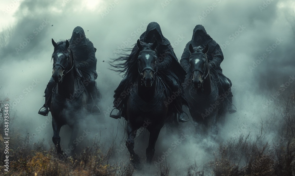 Cloaked riders galloping through misty landscape at dusk Cloaked riders galloping through misty landscape at dusk