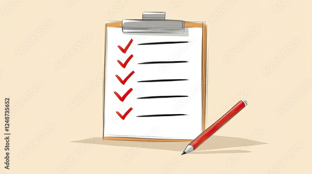 Clipboard Checklist with Red Check Marks and Pencil Illustration
