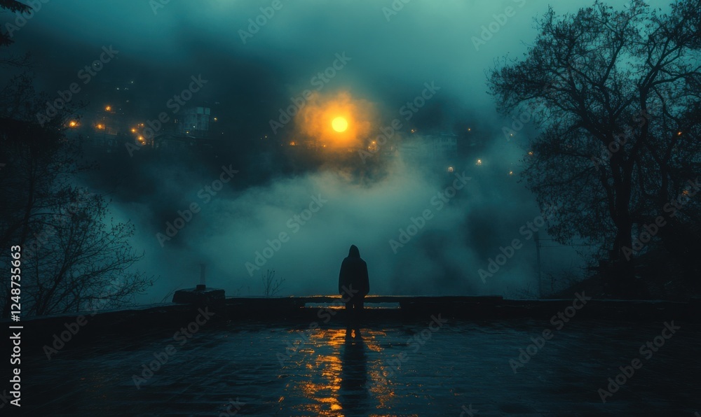 Mysterious figure standing by water with fog and distant lights at dusk Mysterious figure standing by water with fog and distant lights at dusk