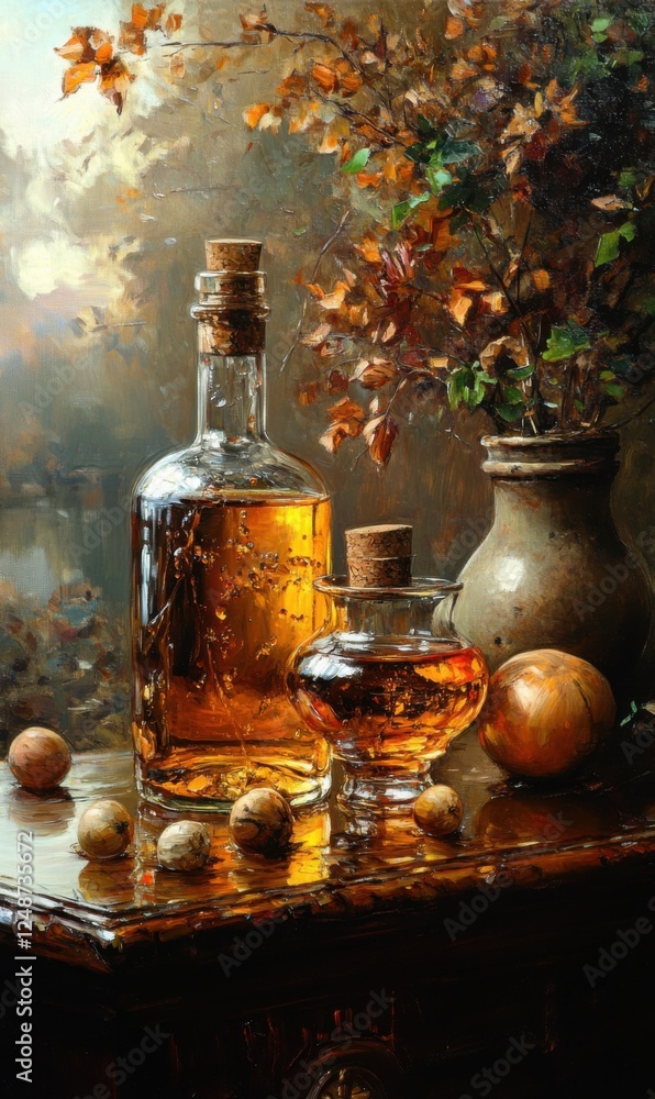 Warm tones of amber liquid and autumn leaves in a rustic setting Warm tones of amber liquid and autumn leaves in a rustic setting