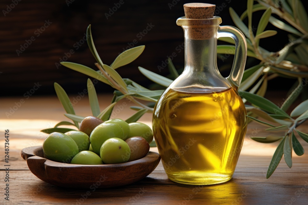 Olive oil and branch on wood table Olive oil and branch on wood table