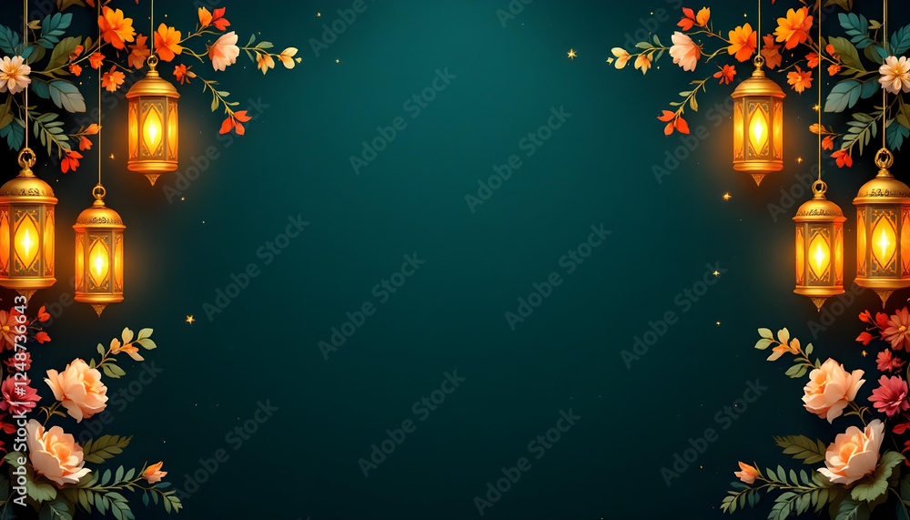 A beautifully designed Ramadan Kareem invitation card with a dark green background, glowing golden lanterns, and symmetrical floral motifs. The central blank space allows for inserting quotes, prayers A beautifully designed Ramadan Kareem invitation card with a dark green background, glowing golden lanterns, and symmetrical floral motifs. The central blank space allows for inserting quotes, prayers