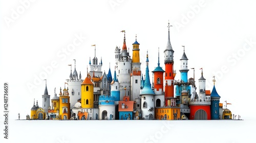 a fantasy castle theme park, towering spires, whimsical architecture, enchanted atmosphere, storybook style, isolated on white background photo