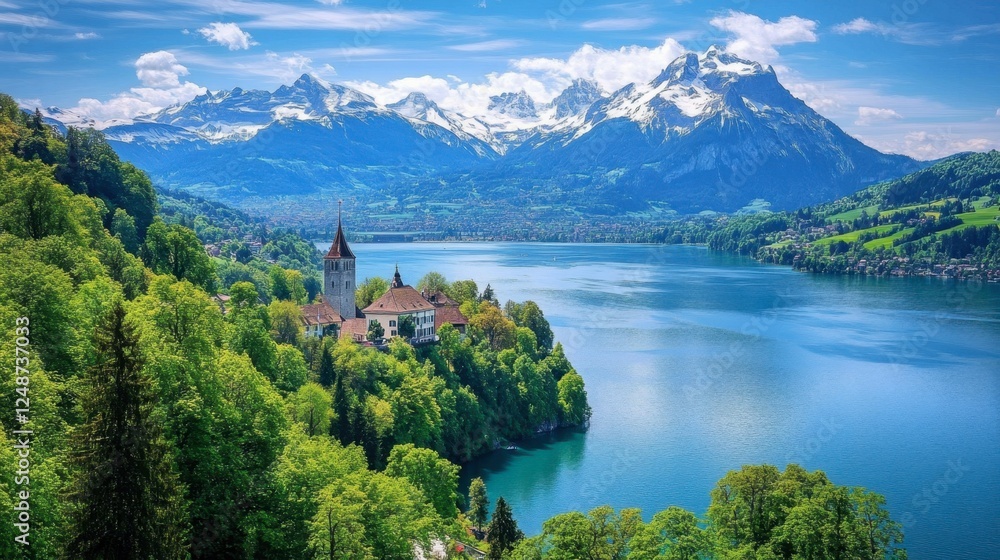 Obraz premium A tranquil shot of the stunning Lake Thun surrounded by lush green forests and the snow-capped peaks of the Swiss Alps.