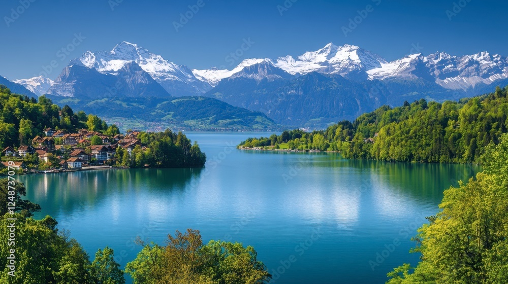 Fototapeta premium A tranquil shot of the stunning Lake Thun surrounded by lush green forests and the snow-capped peaks of the Swiss Alps.