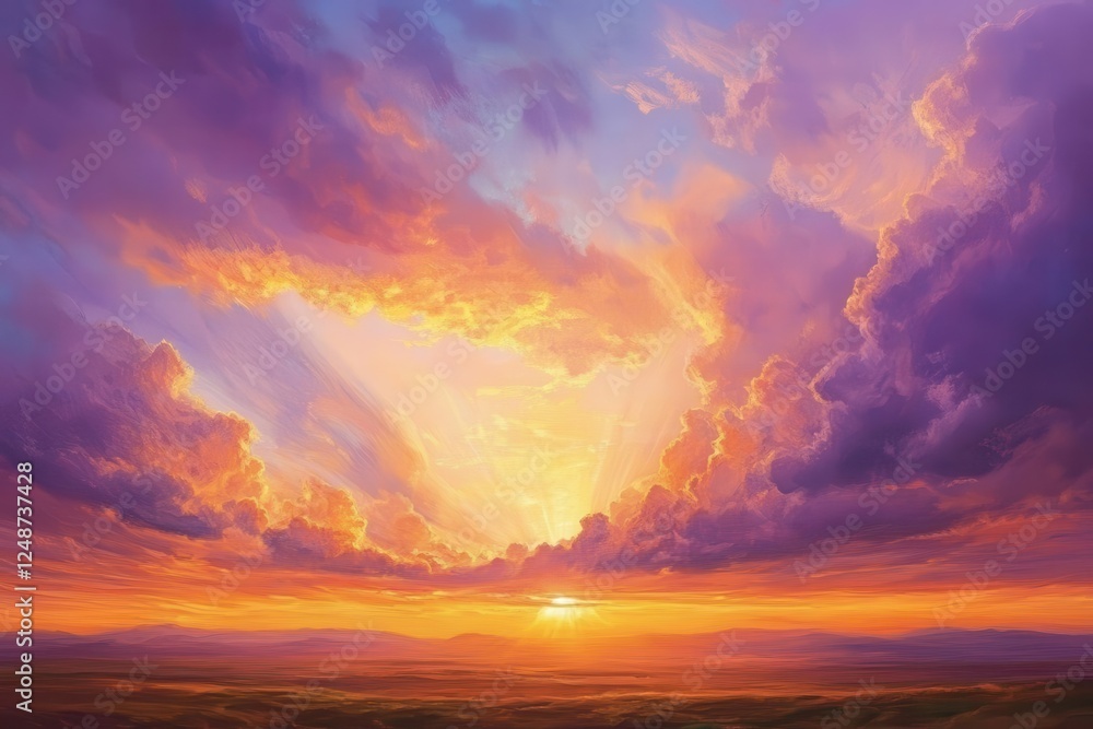 Fototapeta premium majestic cumulus clouds at golden hour, sweeping across vast horizon, dramatic sunbeams piercing through layers, rich orange and purple hues painting the sky