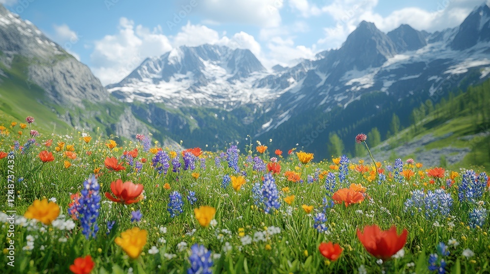 Alpine meadow wildflowers, mountain backdrop, sunny day, travel poster Alpine meadow wildflowers, mountain backdrop, sunny day, travel poster