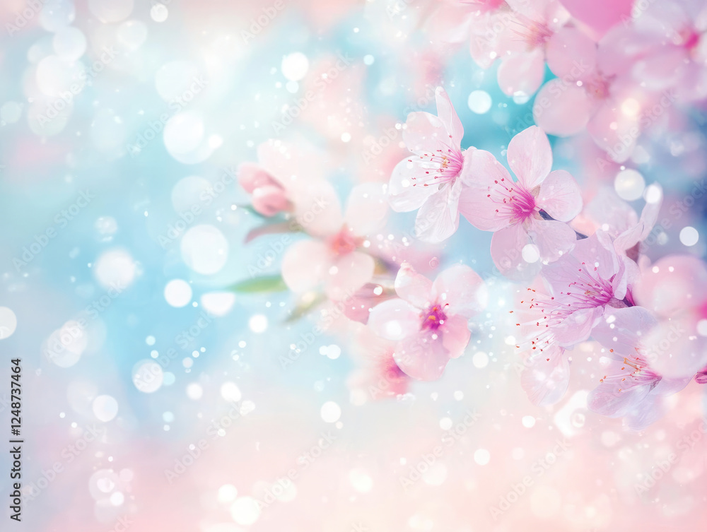 Delicate cherry blossoms in full bloom against dreamy pastel background, evoking sense of springtime serenity and warmth. soft pink and blue hues create tranquil atmosphere Delicate cherry blossoms in full bloom against dreamy pastel background, evoking sense of springtime serenity and warmth. soft pink and blue hues create tranquil atmosphere