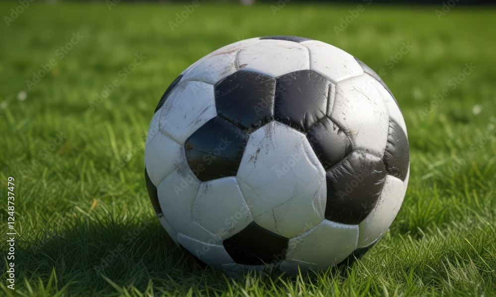 Fototapeta premium Soccer ball with deflated appearance on grass, training, exercise, flat