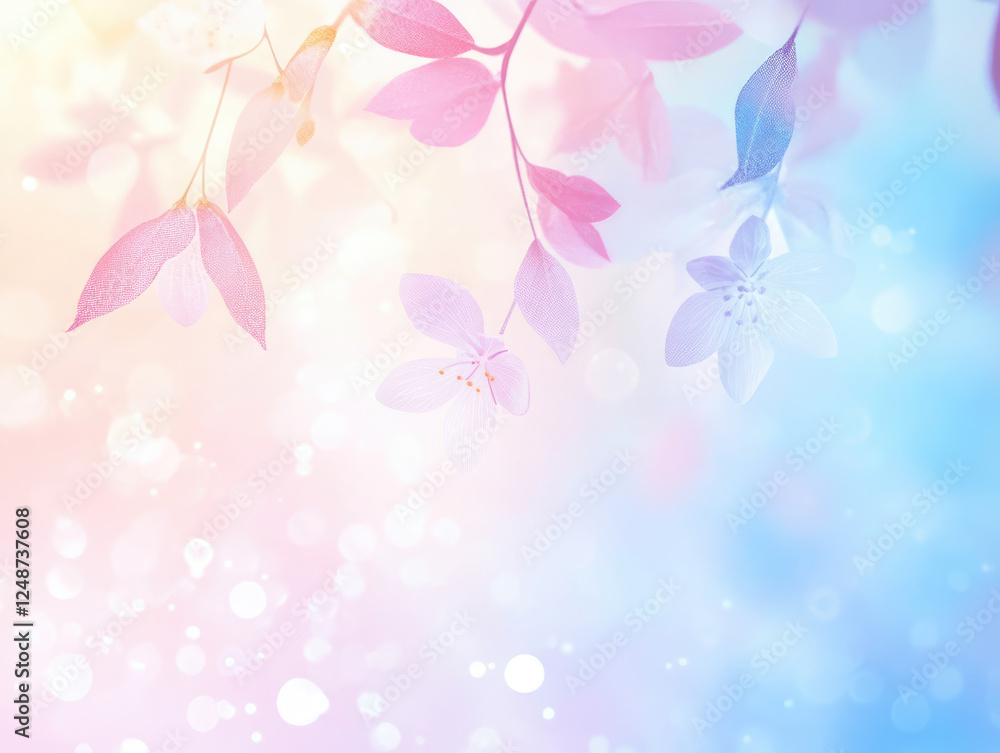 Delicate pastel flowers and leaves in pink and blue hues create dreamy, serene atmosphere with soft bokeh background Delicate pastel flowers and leaves in pink and blue hues create dreamy, serene atmosphere with soft bokeh background