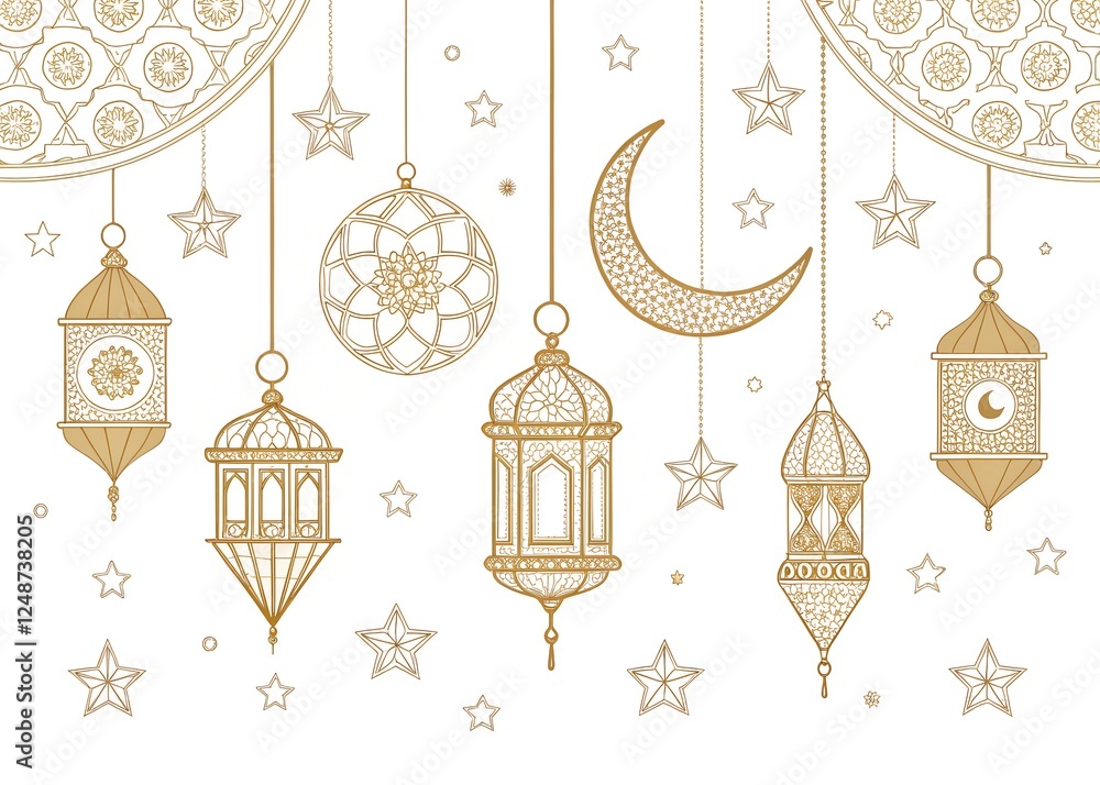 Fototapeta premium Elegant Golden Ramadan Lanterns with Crescent Moon and Stars
