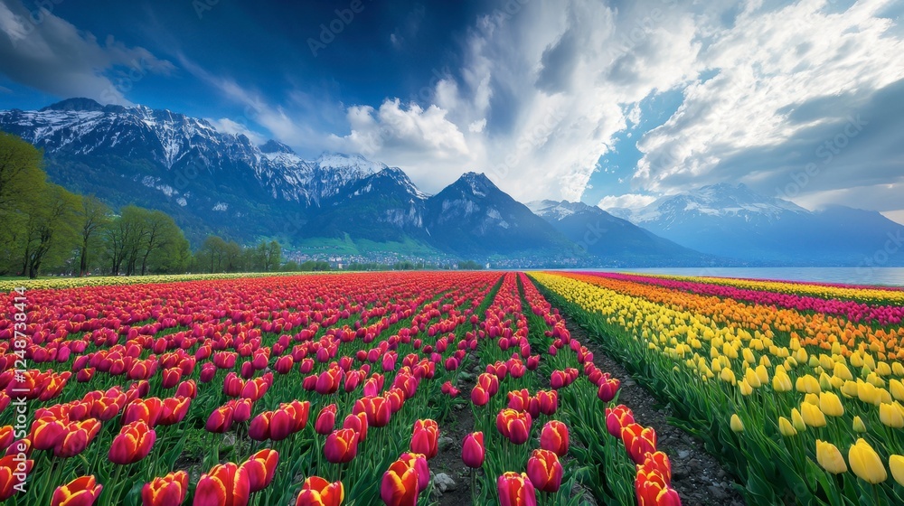 A vibrant spring scene of tulip fields near Lake Geneva, with the majestic Swiss Alps in the background. A vibrant spring scene of tulip fields near Lake Geneva, with the majestic Swiss Alps in the background.