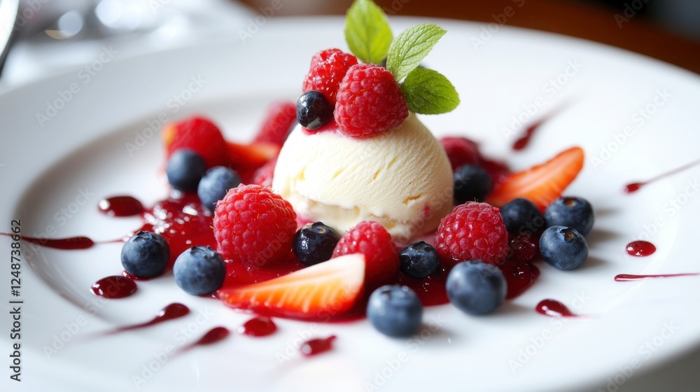 A simple yet elegant dessert plate featuring a colorful mix of strawberries, raspberries, and blueberries, complemented with a rich scoop of vanilla ice cream. A simple yet elegant dessert plate featuring a colorful mix of strawberries, raspberries, and blueberries, complemented with a rich scoop of vanilla ice cream.