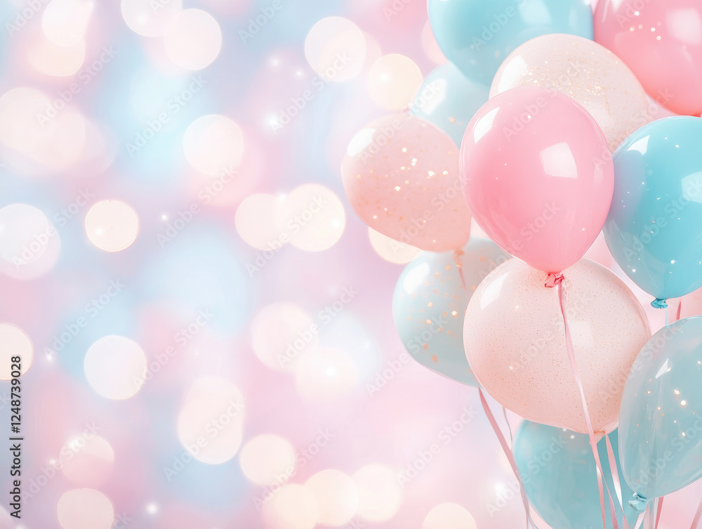 Pastel pink and blue balloons with bokeh background create festive and dreamy atmosphere, perfect for celebrations and parties. soft colors and sparkling lights add whimsical touch Pastel pink and blue balloons with bokeh background create festive and dreamy atmosphere, perfect for celebrations and parties. soft colors and sparkling lights add whimsical touch