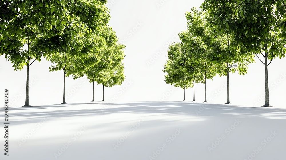 Obraz premium a treelined sidewalk, urban greenery, peaceful shaded walk, soft sunlight filtering through leaves, isolated on white background