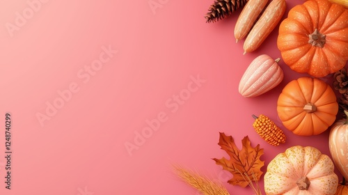 Colorful pumpkins on a pink background.