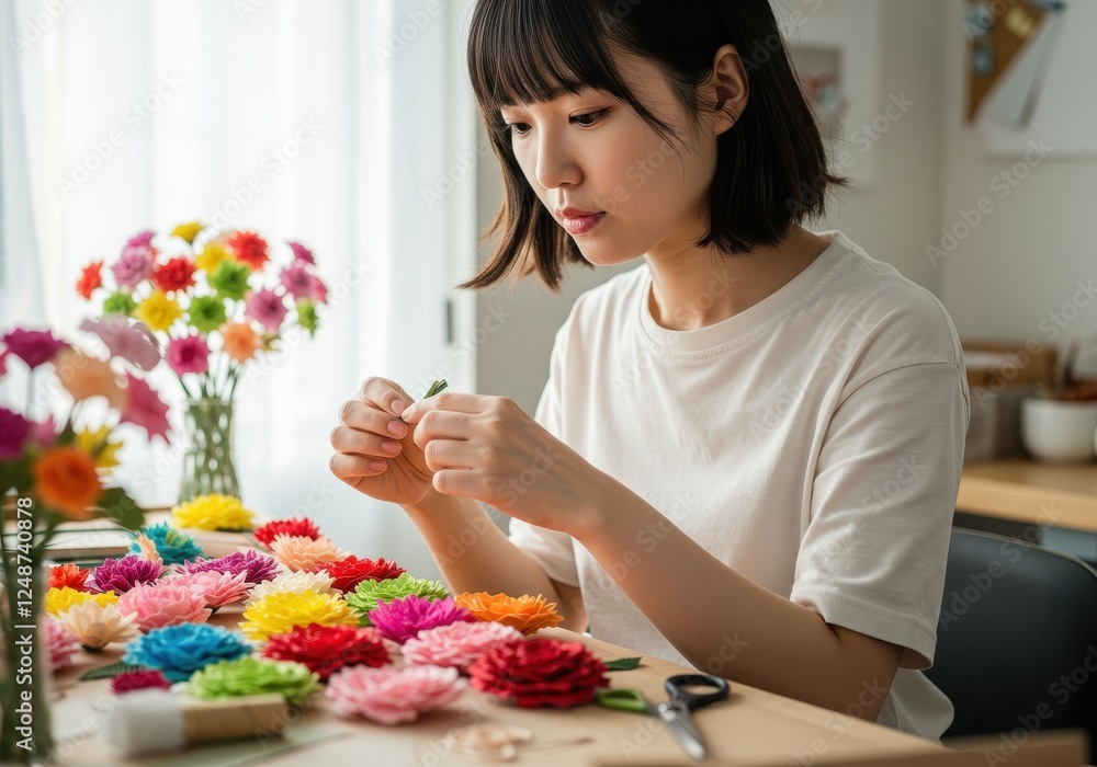 Young Woman Crafting Colorful Paper Flowers at Home with Natural Light - Perfect for DIY and Creative Hobbies Young Woman Crafting Colorful Paper Flowers at Home with Natural Light - Perfect for DIY and Creative Hobbies