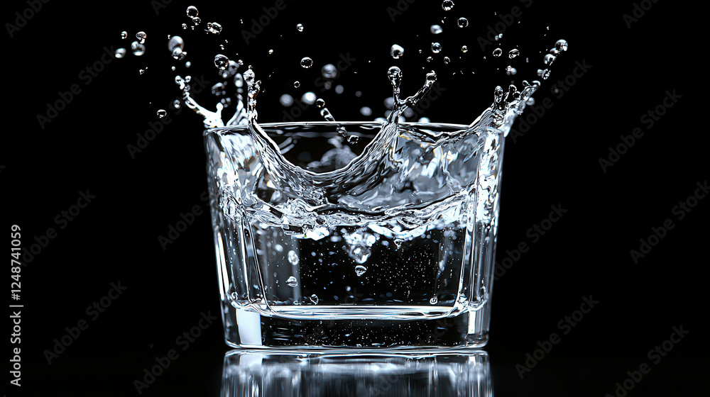 Macro capture of a water droplet splashing into a glass, showcasing crystal-clear reflections and minimalist elegance Macro capture of a water droplet splashing into a glass, showcasing crystal-clear reflections and minimalist elegance